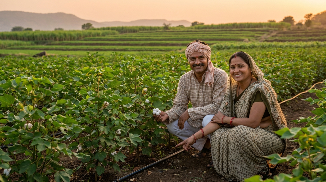 Indian farmer couple in cotton field with drip irrigation